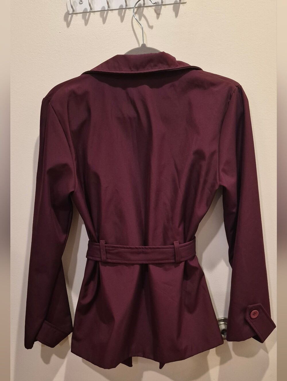 Classic Women's Belted Pea Coat - Burgundy - Picture 6 of 9